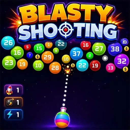 Blasty Shooting game icon featuring colorful numbered balls and a bubble shooter cannon