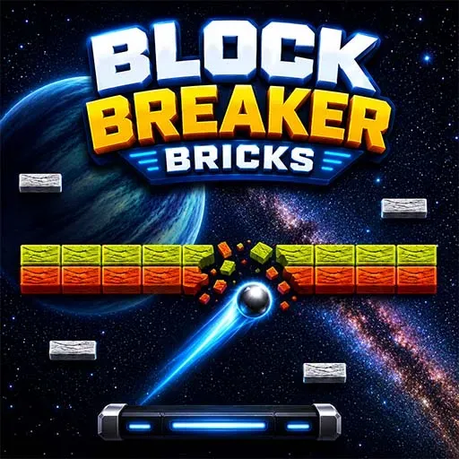 Block Breaker Bricks game icon featuring a glowing ball breaking colorful bricks in space