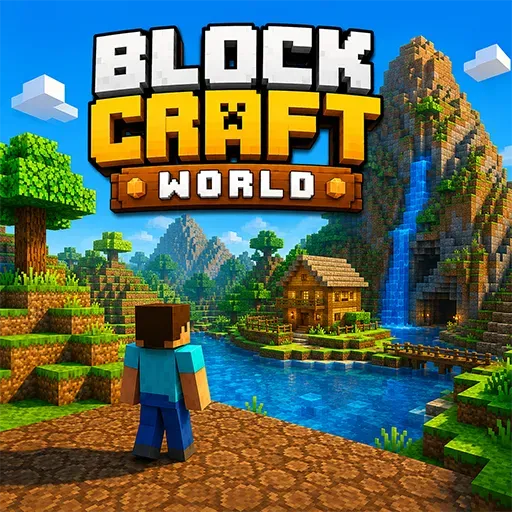 "Block Craft World game icon featuring a block-style character exploring a pixelated world with mountains, waterfalls, forests, and a village in a sandbox building adventure."