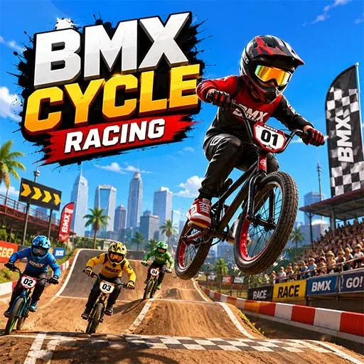 BMX Cycle Racing game featuring BMX riders performing high-speed jumps and racing on an exciting dirt track in a competitive cycling challenge