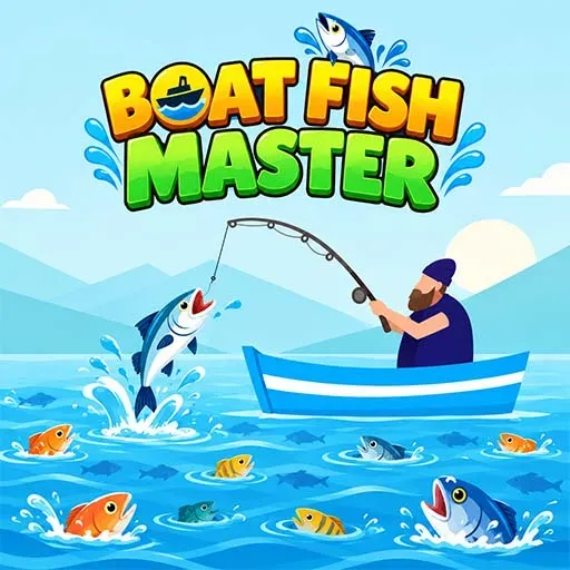 Boat Fish Master game icon featuring a fisherman catching a jumping fish from a blue boat, surrounded by colorful fish swimming and splashing in bright blue water with mountains and a sunny sky in the backgroun