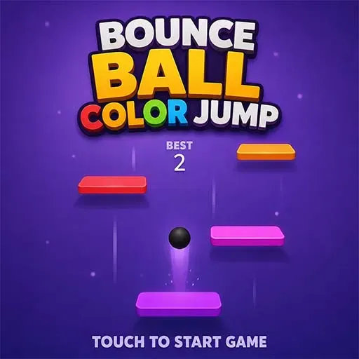 Bounce Ball Color Jump game icon featuring a black ball bouncing between colorful platforms on a purple background