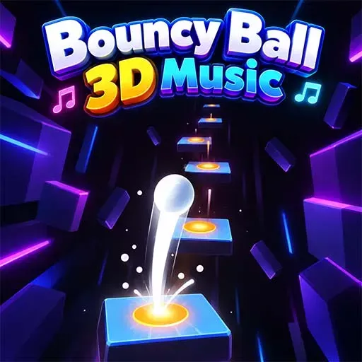 Bouncy Ball 3D Music featuring a glowing white ball bouncing across colorful platforms in a neon 3D environment.