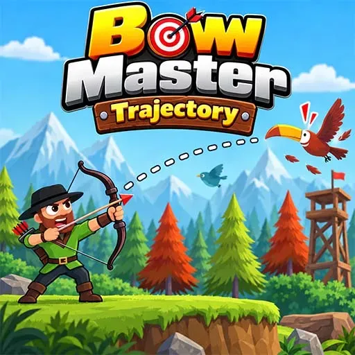 Bow Master Trajectory game icon featuring a cartoon archer aiming a bow along a dotted trajectory toward a flying bird in a colorful mountain and forest landscape.