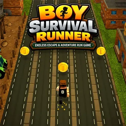 Boy Survival Runner game featuring a boy running down a city road while collecting coins in an endless escape and adventure challenge.