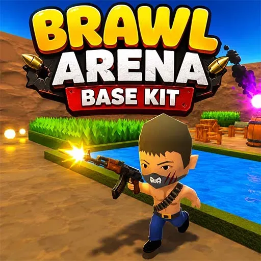 Brawl Arena Base Kit game icon featuring a masked fighter shooting with a rifle near a river