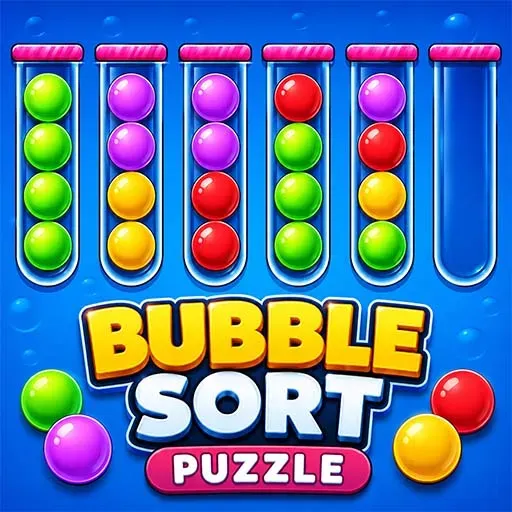 "Bubble Sort Puzzle game icon featuring colorful balls arranged in test tubes for a relaxing color sorting brain puzzle challenge."