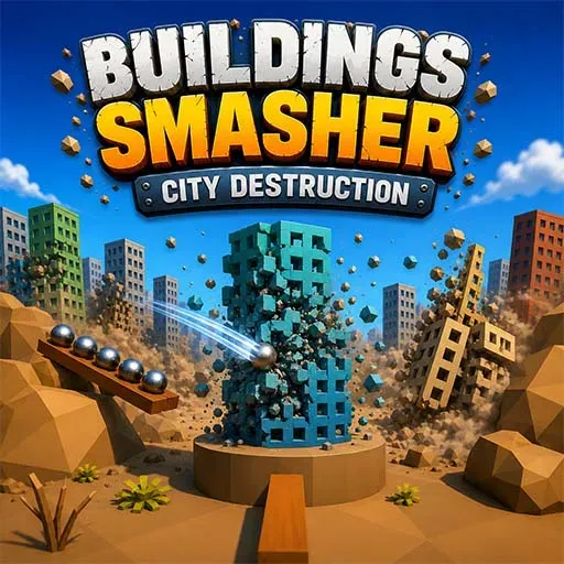 "Buildings Smasher City Destruction game icon featuring steel balls demolishing skyscrapers in a physics-based city destruction and building smash simulation."