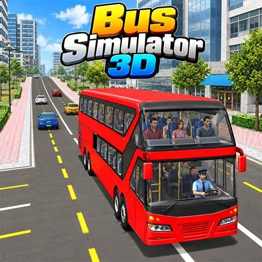 Bus Simulator 3D game icon featuring a red double-decker bus driving through a modern city street with passengers visible inside.