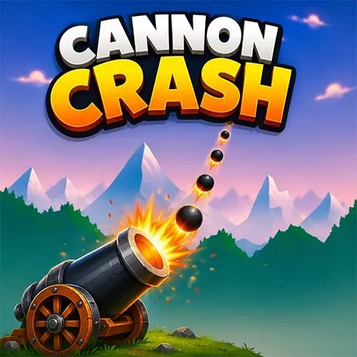 "Cannon Crash game icon featuring a powerful cannon firing explosive cannonballs across a mountain landscape in a physics-based arcade shooting game."