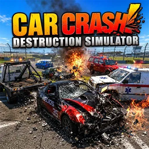Car Crash Destruction Simulator game icon featuring multiple vehicles crashing in a fiery highway collision