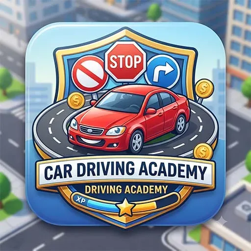 Car Driving Academy game icon featuring a red car on a road with stop and directional traffic signs, coins, and an XP progress badge