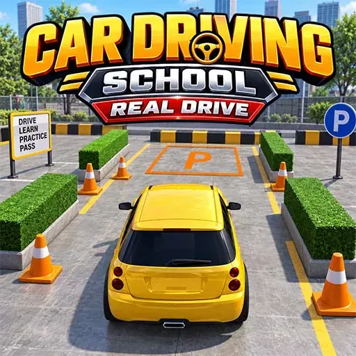 Car Driving School Real Drive game featuring a yellow car practicing parking in a driving school course, with traffic cones, parking markings, signs, trimmed hedges, and city buildings in the backgroun