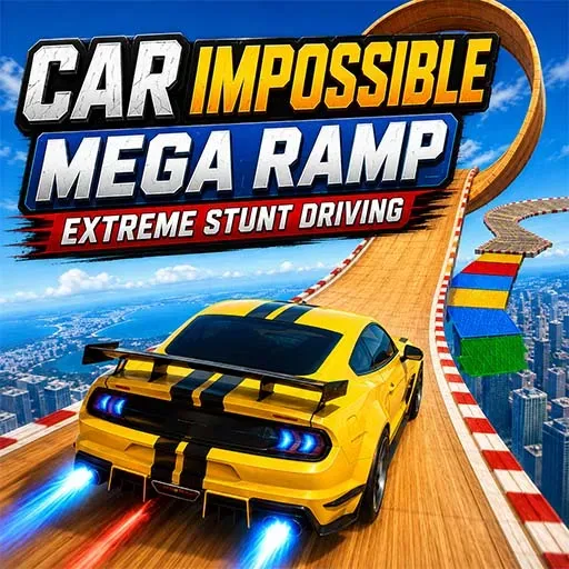 Car Impossible Mega Ramp Extreme Stunt Driving game icon featuring a yellow sports car racing up a giant elevated stunt ramp