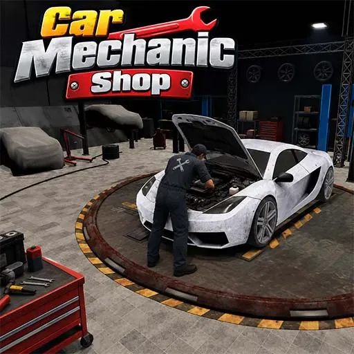 Car Mechanic Shop game icon featuring a mechanic repairing the engine of a white sports car inside a detailed auto repair garage.