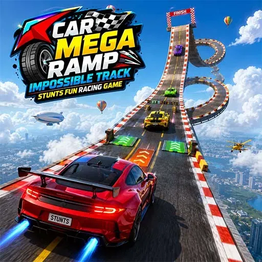 Car Mega Ramp Impossible Track Stunts Fun Racing Game icon featuring sports cars racing on a sky-high stunt track