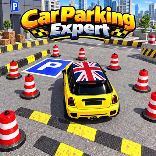 Car Parking Expert game featuring a yellow car with a Union Jack roof navigating a parking area surrounded by traffic cones, parking signs, barriers, and marked spaces.