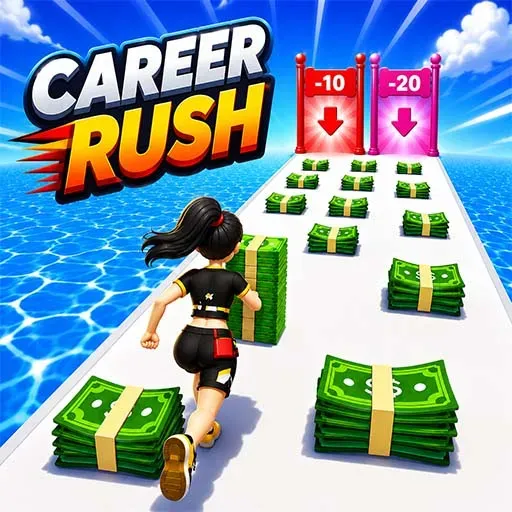 Career Rush game featuring a runner collecting stacks of cash while avoiding penalty gates in a fun hyper-casual arcade challenge