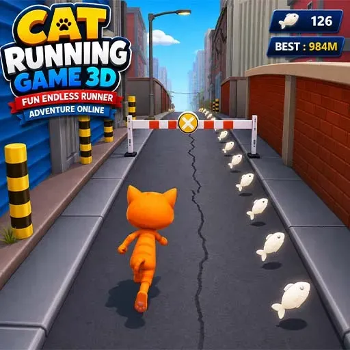 Cat Running Game 3D – Fun Endless Runner Adventure Online game icon featuring an orange cat running through a city street while collecting fish and avoiding barriers