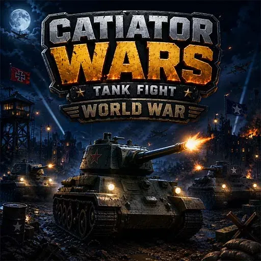 Catiator Wars Tank Fight World War game featuring powerful World War tanks battling across a nighttime battlefield in an intense military shooting simulation