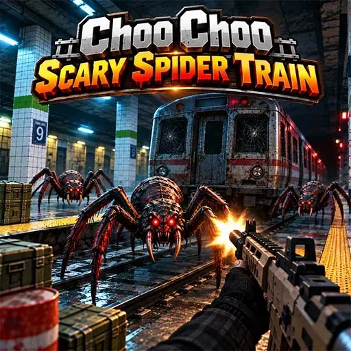 Choo Choo Scary Spider Train game icon featuring a creepy spider-like creature approaching a train at a dark subway station, with multiple spider enemies and a first-person weapon in the foreground.
