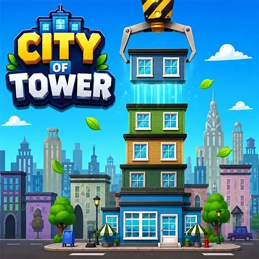 City of Tower game featuring a construction crane stacking colorful buildings to build the tallest tower in a fun city-building arcade challenge