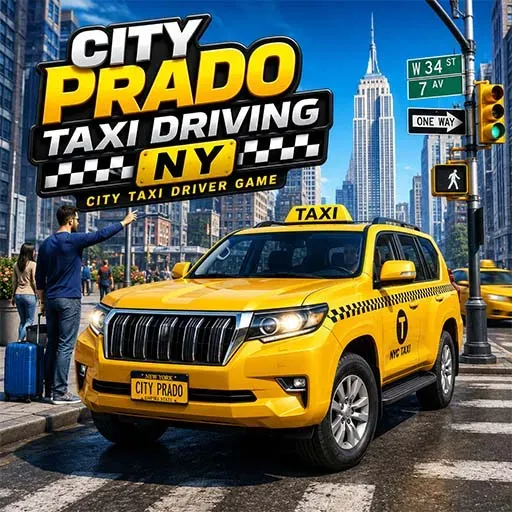 Modern Taxi New York Dark City Driving 2026 game icon featuring a yellow taxi driving through a busy New York City street surrounded by modern skyscrapers