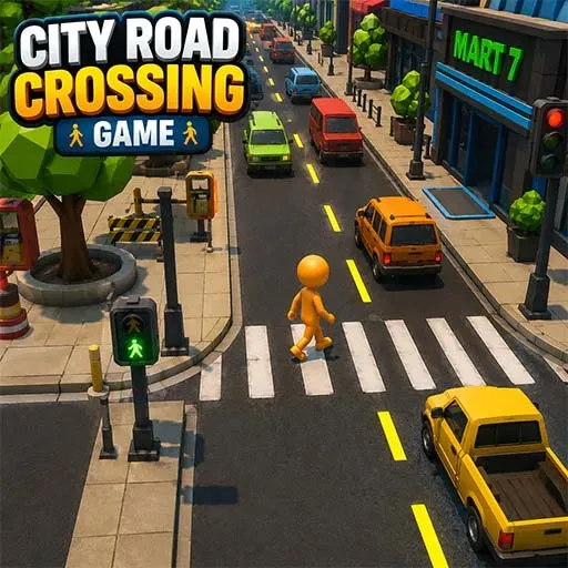City Road Crossing Game icon featuring a character crossing a busy city street at a crosswalk