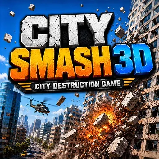 City Smash 3D – City Destruction Game icon featuring a collapsing skyscraper with explosions and debris in an urban city