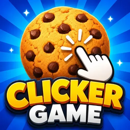 Clicker Game icon featuring a giant chocolate chip cookie being clicked by a hand cursor, with cookie upgrades, Grandmas, bonus points, and a growing cookie counter