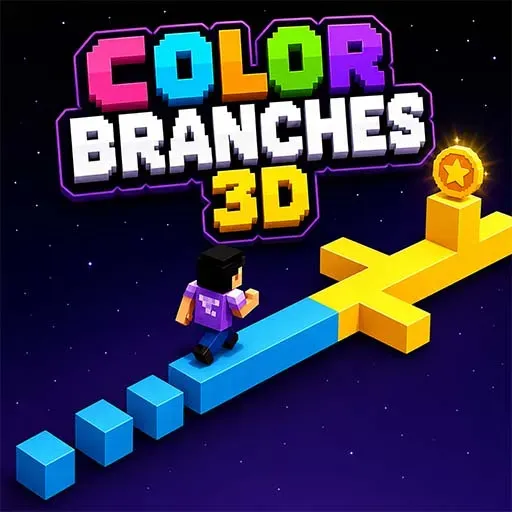 Color Branches 3D game featuring a character running across colorful branching platforms while collecting coins in a fun arcade adventure