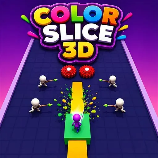 Color Slice 3D game featuring a colorful runner slicing paint paths while avoiding spinning saw obstacles in a fun arcade challenge