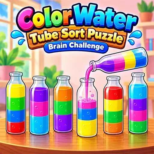 Color Water Tube Sort Puzzle Brain Challenge featuring colorful liquids being poured between glass tubes, with multiple layers of vibrant water colors and a bright indoor background.