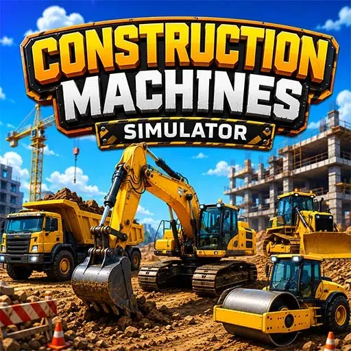 Construction Machines Simulator game featuring excavators, bulldozers, dump trucks, and heavy construction equipment operating on a busy building site