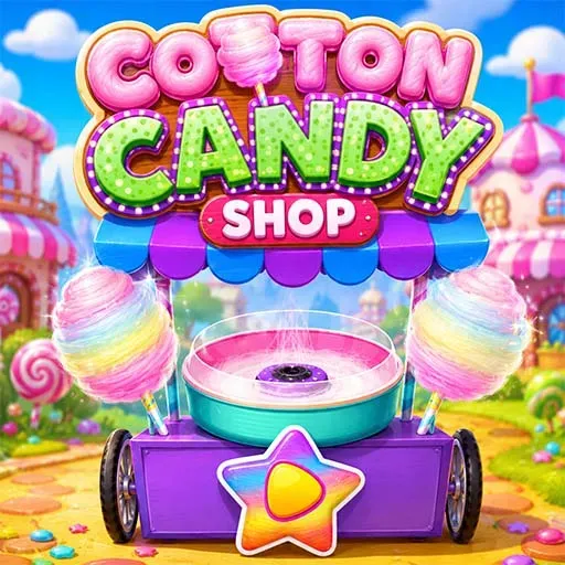 Cotton Candy Shop game icon featuring a colorful cotton candy cart with fluffy cotton candy