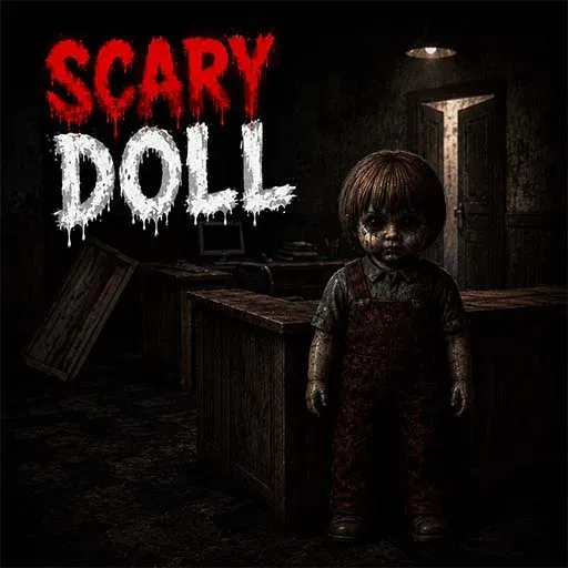 Scary Doll game icon featuring a creepy doll standing inside a dark haunted house