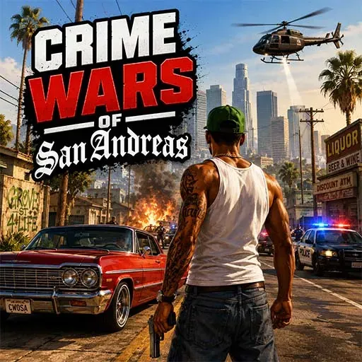 Crime Wars of San Andreas game featuring an open-world gangster battling police and rival gangs in a crime-filled city adventure