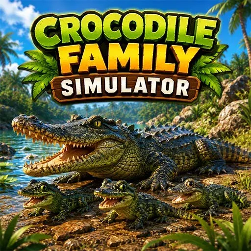Crocodile Family Simulator game icon featuring a crocodile family resting beside a tropical river