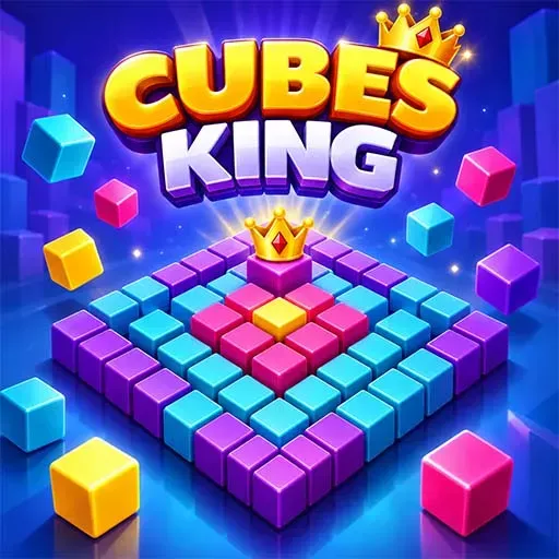 Cubes King game featuring a colorful 3D cube puzzle board with purple, blue, pink, and yellow blocks, a golden crown at the center, and floating cubes against a vibrant blue background.