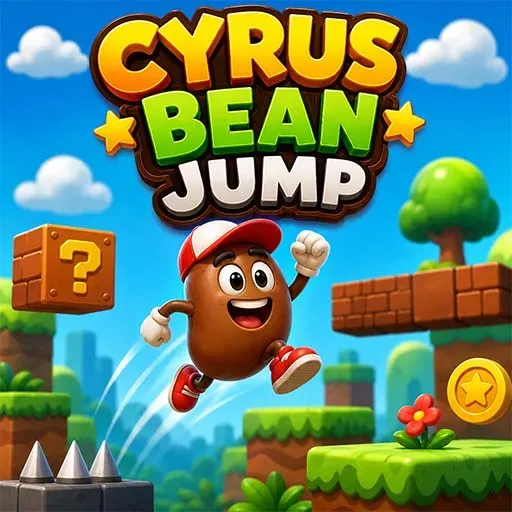 Cyrus Bean Jump game icon featuring a cartoon bean character jumping across colorful platforms