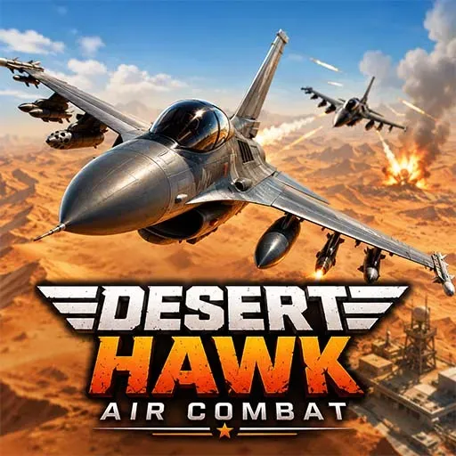 "Desert Hawk Air Combat game icon featuring modern fighter jets engaged in intense aerial combat over a desert battlefield with missiles, explosions, and military action."