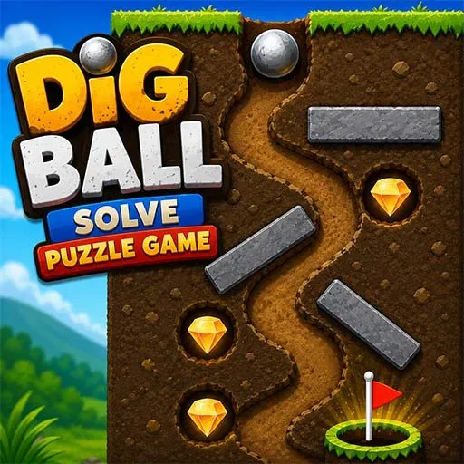 Dig Ball Solve Puzzle Game featuring rolling balls through dug tunnels, collecting gems, and solving physics-based puzzle challenges