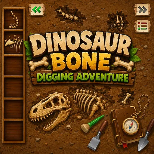 Dinosaur Bone Digging Adventure game icon featuring dinosaur fossils buried in soil with digging tools, a compass, and an excavation site