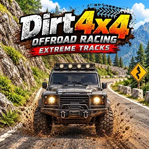 Dirt 4x4 Offroad Racing game icon featuring a rugged 4x4 vehicle splashing through mud on a winding mountain road surrounded by rocky cliffs and trees.