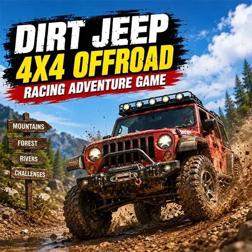 Dirt Jeep 4x4 Offroad Racing Adventure Game icon featuring a red off-road jeep driving through a muddy mountain trail