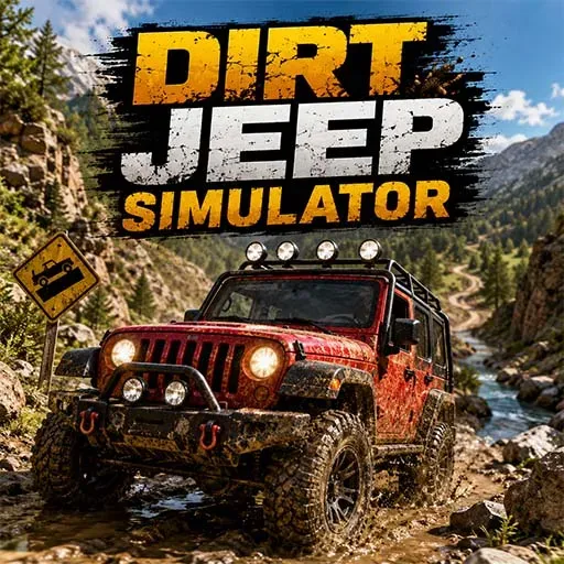 Dirt Jeep Simulator game icon featuring a rugged offroad jeep driving through a rocky mountain trail