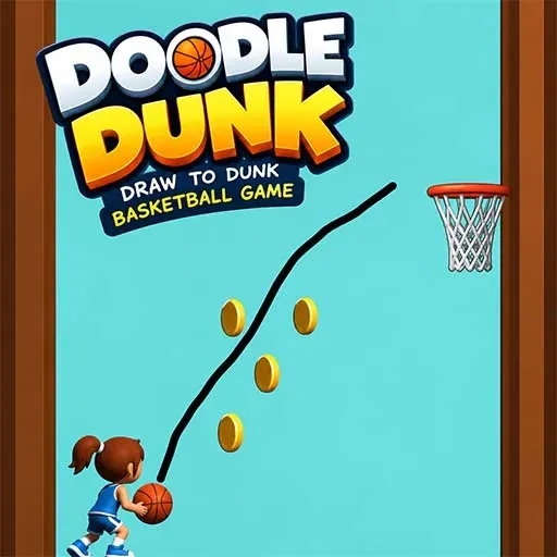 Doodle Dunk Draw to Dunk Basketball Game featuring a girl holding a basketball with a drawn path leading toward the hoop and floating coins.