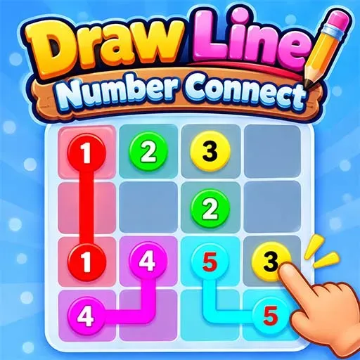 Draw Line Number Connect game icon showing a colorful numbered grid with matching numbers connected by red, green, pink, and blue lines, with a hand drawing a connection using a pencil.