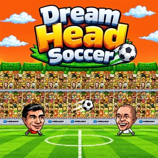 Dream Head Soccer Game featuring two cartoon soccer players with oversized heads competing on a bright green football field, with a soccer ball between them and a large cheering crowd in the stadium.