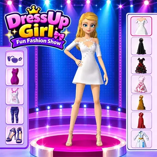 Dress Up Girl game icon featuring a blonde girl modeling a white dress on a colorful fashion show stage with various clothing and accessory options.